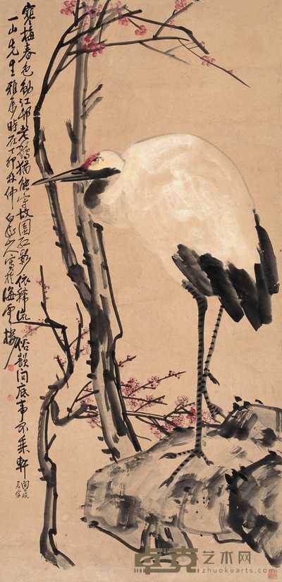 王震 1927年作 寒梅老鹤 立轴 133×64.5cm